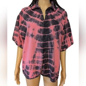 Vintage Tie Dye Button Down Shirt Hot Pink & Black